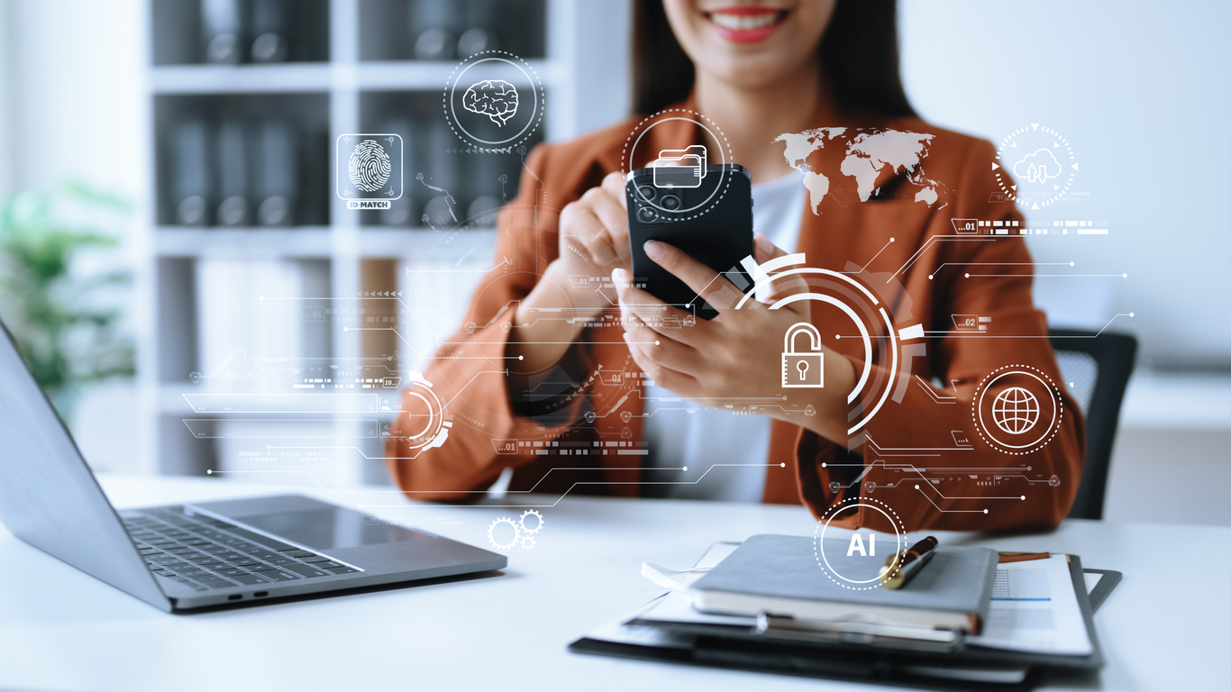 Woman using a smartphone with virtual icons representing cloud-based technology, showcasing the shift in salon management systems.