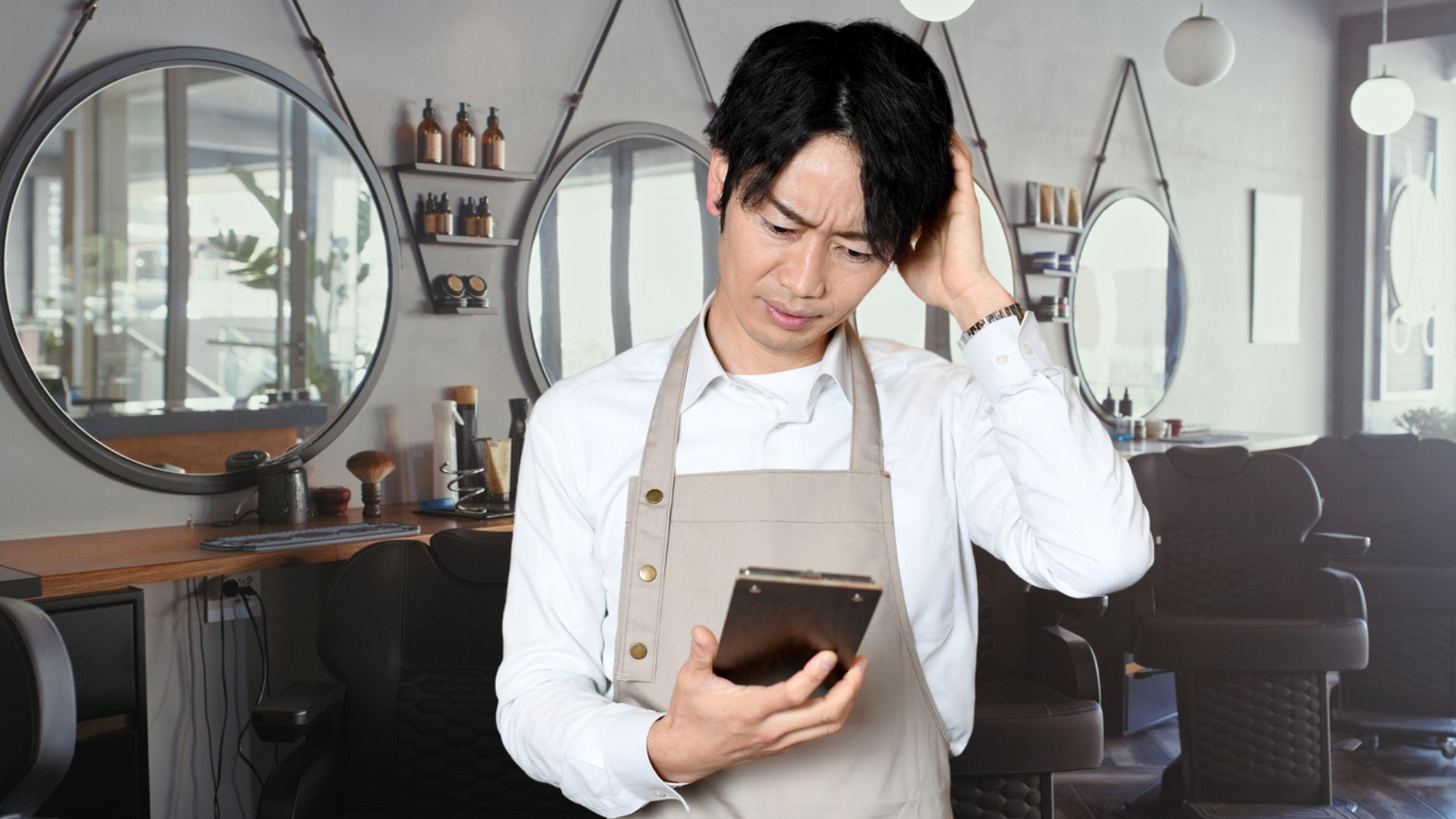 Salon owner looking puzzled at a tablet, highlighting the challenges of managing bookings without efficient salon software and the need for streamlined online booking systems to improve efficiency and communication.