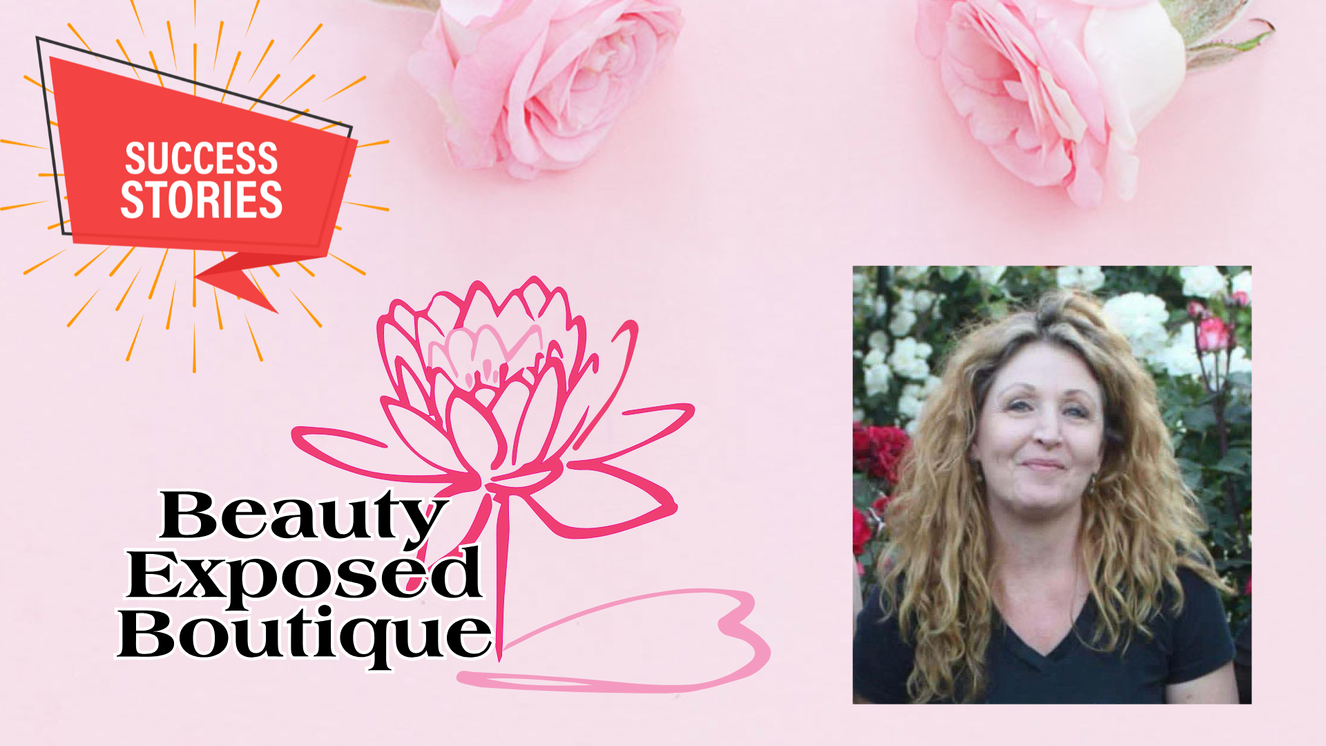 mage of Debbi Sherlock, owner of Beauty Exposed Boutique, smiling against a background of flowers, representing the beauty and care provided at her salon.