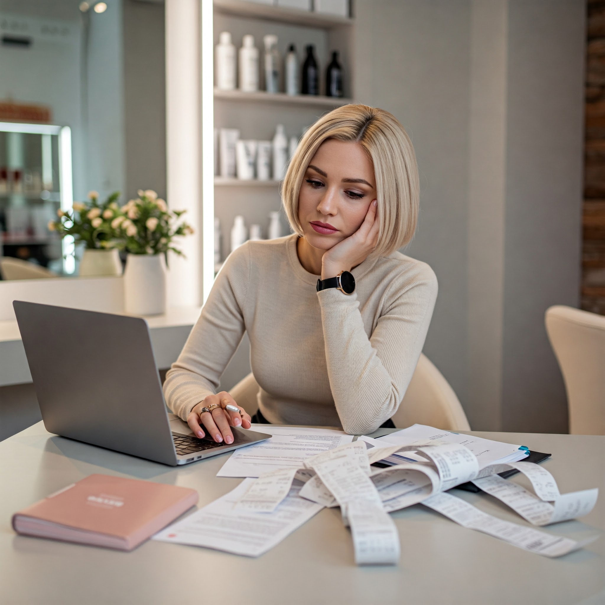 The salon owner's focused expression reveals the challenge of managing finances without a clear overview. Discover how dedicated salon software can provide real-time insights, empowering you to make informed decisions and transform your business for greater profitability.