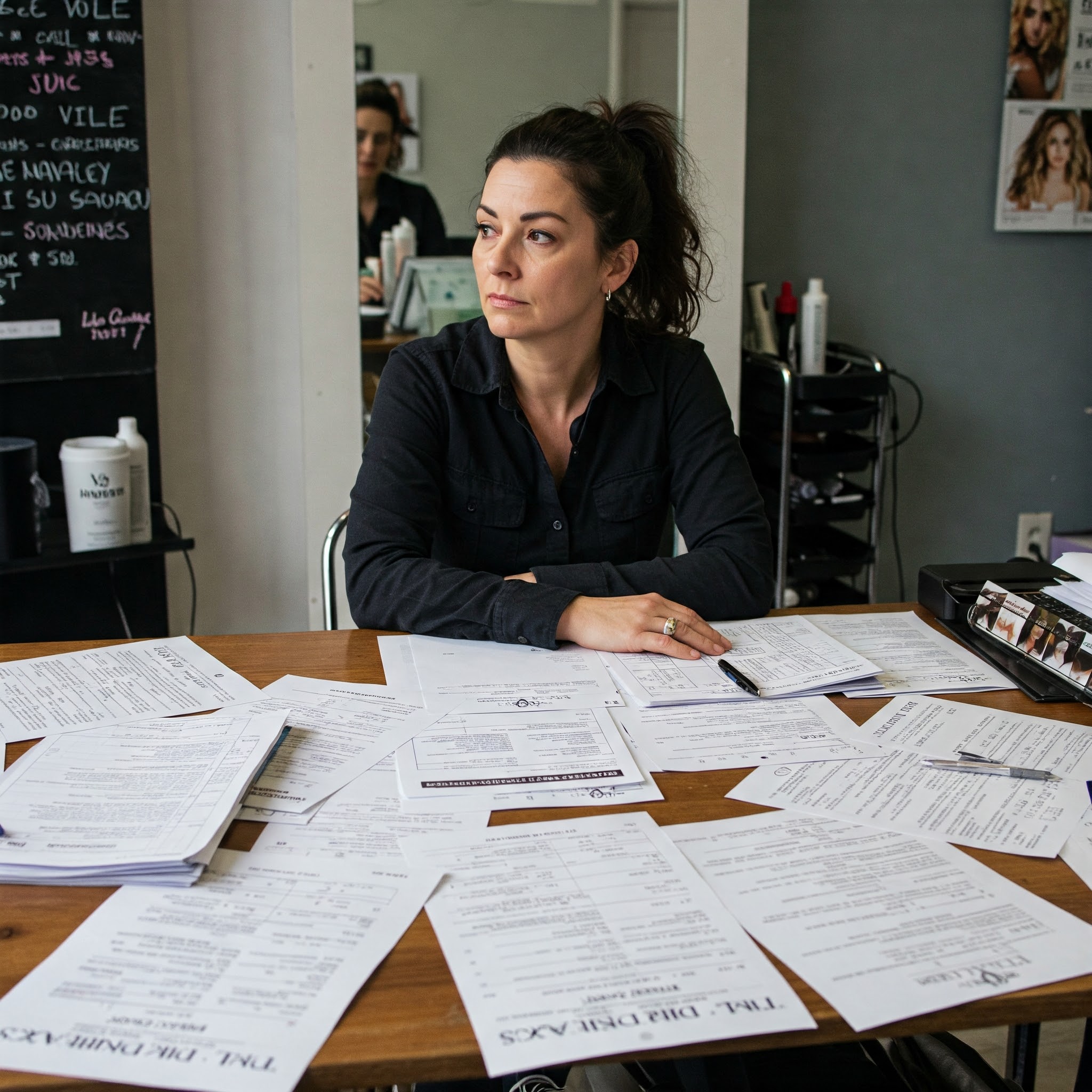 Salon owner drowning in paperwork, losing valuable time that could be spent with clients.
