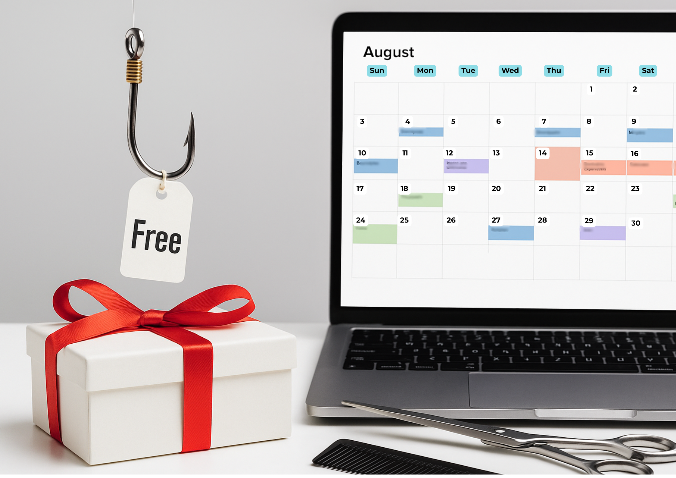 A fishing hook labeled “Free” hangs over a gift box beside a laptop showing an August salon calendar, with scissors and a comb in front.